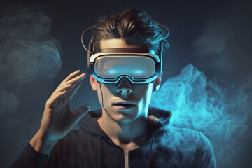 The man with glasses of virtual reality. future technology concept, Generative AI