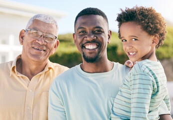 Portrait, black family with a man, boy and grandfather bonding outdoor in the garden together for love. Happy, kids or generations with a father, son and senior relative standing outside in the yard