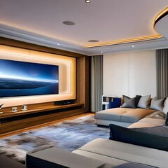 A living room that has been turned into a home theatre, with a large TV and surround soundspeakers3, Generative AI