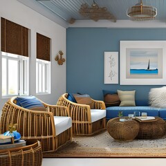 A living room with a beachy feel, including rattan furniture and plenty of blue and white3, Generative AI