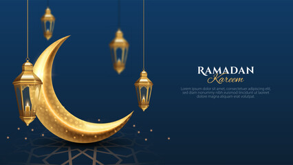 Ramadan Kareem islamic design background with golden crescent moon and hanging lantern. Islamic background for banner, poster, and greeting card design