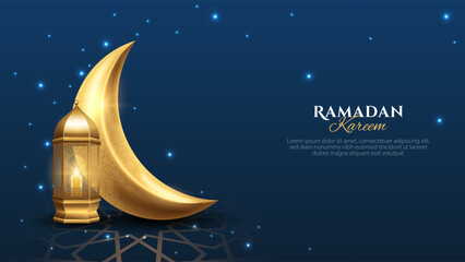 Ramadan Kareem background with golden realistic crescent moon, lantern, and shiny star in the sky. Islamic background for banner, poster, and greeting card design