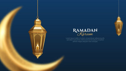Ramadan Kareem islamic design with golden realistic hanging lantern and blurred crescent moon. Islamic background for banner, poster, and greeting card design