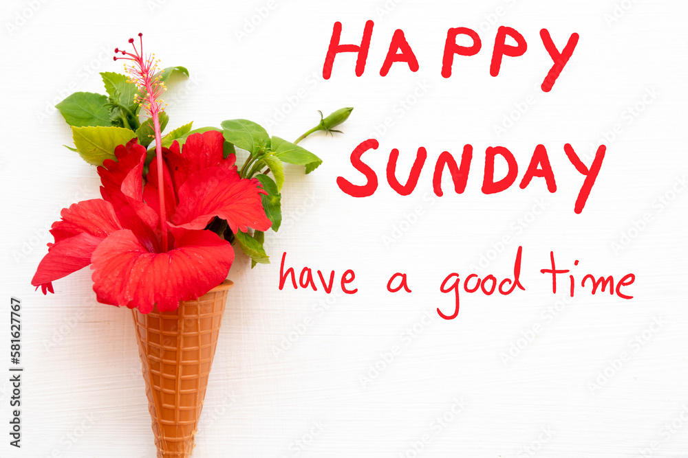 Wall mural happy sunday have a good day message card handwriting with red flowers hibiscus arrangement hearts f