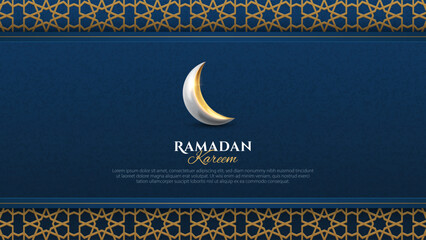 Ramadan Kareem islamic geometric pattern background with realistic crescent moon. Islamic background for banner, poster, and greeting card design