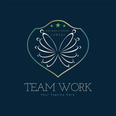 Team work connection butterfly line shield logo design template for brand or company and other