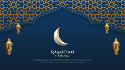 Ramadan Kareem islamic pattern background with realistic crescent moon, and hanging lantern. Islamic background for banner, poster, and greeting card design