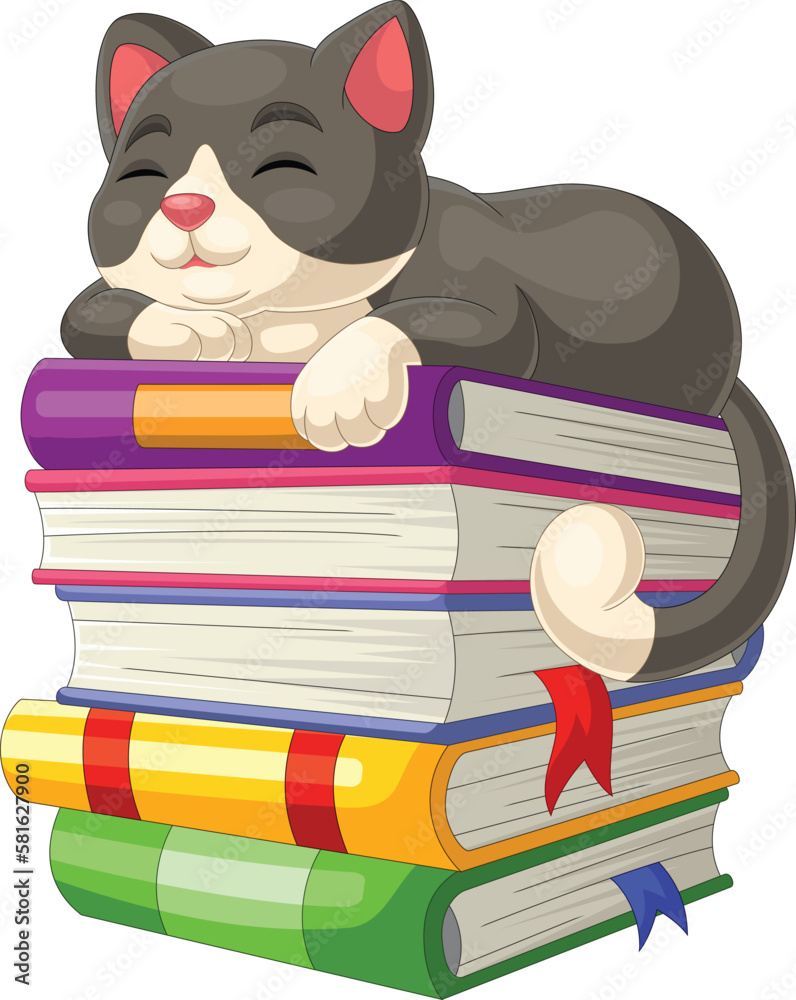 Sticker Cute cat cartoon sleeping on pile of books