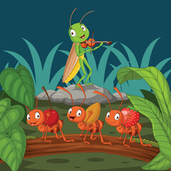 Cartoon ant and grasshopper in the garden - obrazy, fototapety, plakaty
