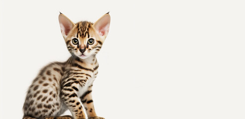 Fototapeta na wymiar Playful bengal kitten captured mid-leap on a white background - Generative AI