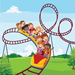 Cartoon little kid play in roller coaster