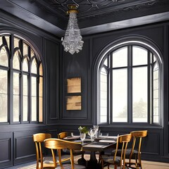 Fototapeta na wymiar A dark and moody dining room with a dark and moody design3, Generative AI