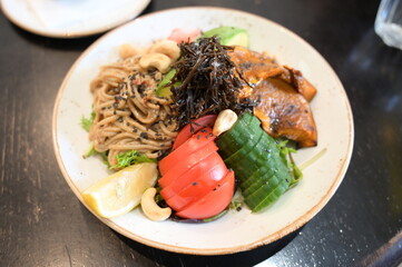 A dish of soba salad at the cafe