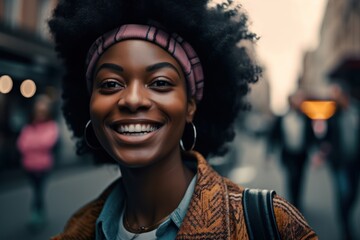 Cheerful black woman on street. Generative AI