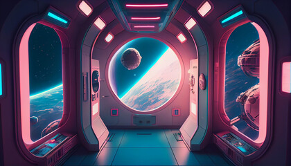 Spaceship interior with window view on space.generative ai