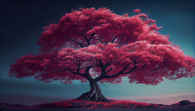 Beautiful red tree. Nature background.generative ai