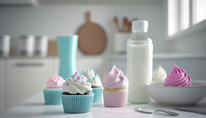 Fototapeta na wymiar Delicious cupcakes with cream and milk on table in modern kitchen.generative ai
