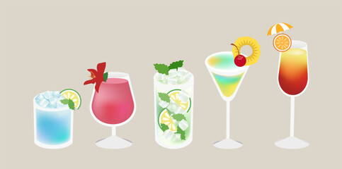 Realistic set with alcoholic cocktails. An illustration of classical drinks in different types of glasses.