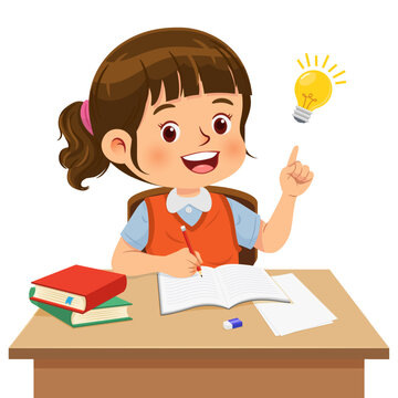 Cute little girl sitting at the desk doing his homework and having good idea for answers. Vector illustration