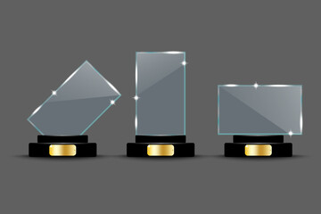 Glass prizes on a stand. Award background. Glass prizes in different shapes. Vector illustration.
