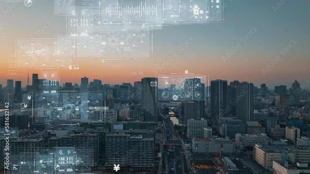 Leinwandbilder modern city aerial view and digital transformation concept. system engineering. gui (graphical user 
