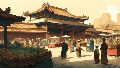 Chinese market in a forbidden city digital art illustration, Generative AI