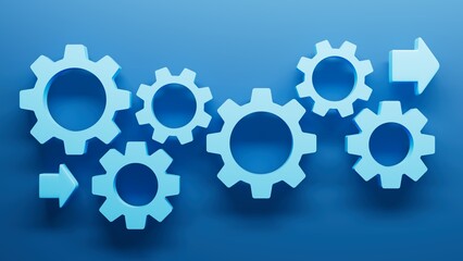 group of blue gears in blue background, concept of progress or breakthrough, 3d rendering, horizontal