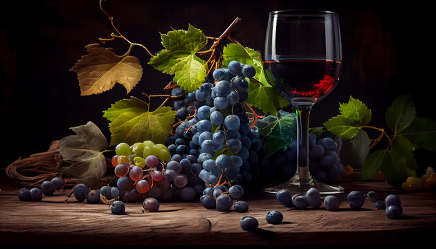 Glass of red wine and bunch of grapes on black background.generative ai