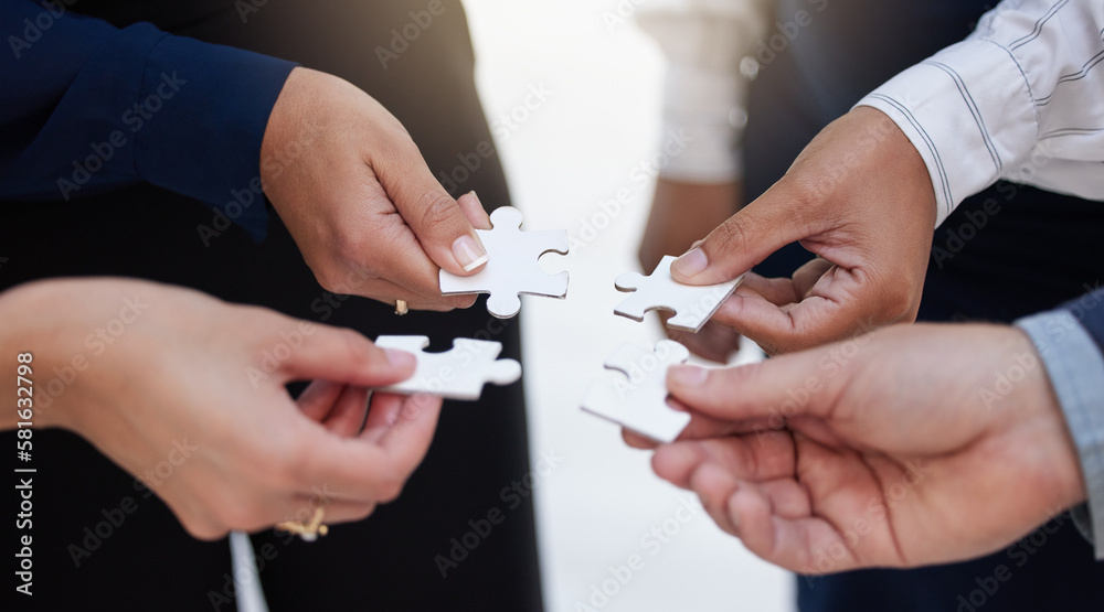 Poster team, hands and puzzle for teamwork, solution and integration, synergy and collaboration. hand, busi