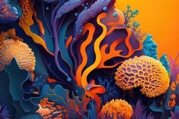 A coral reef inspired background with bright yellows and oranges mixed with deep blues and purples. Generative AI
