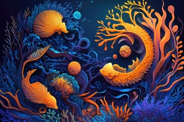 Fototapeta na wymiar A coral reef inspired background with bright yellows and oranges mixed with deep blues and purples. Generative AI