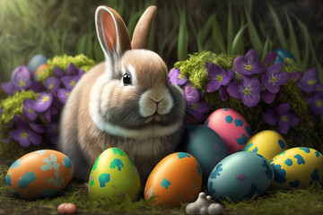 Fototapeta na wymiar easter bunny and easter eggs, Generative Ai
