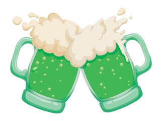 Pair of green beer mugs toasting on St. Patrick's Day, Vector illustration