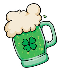 Tilted mug with for-leaf clover, green beer and foam, Vector illustration