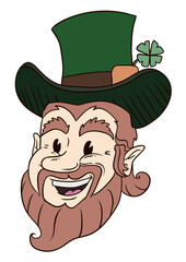 Smiling Leprechaun face with top hat and shamrock in retro style, Vector illustration