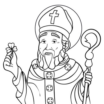 recommend clip art: Portrait in outlines of Saint Patrick with crosier and shamrock, Vector illustration