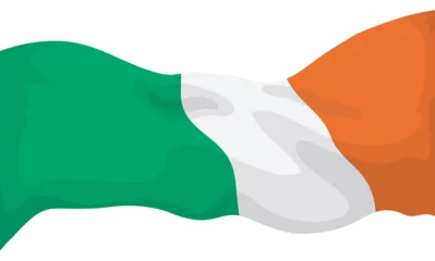 Tuinposter Ireland tricolour flag fluttering in cartoon style over white background, Vector illustration © Penwin