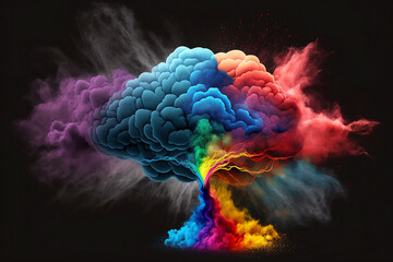 Concept art of a human brain exploding with knowledge and creativity, colourful powder, smoke - ai