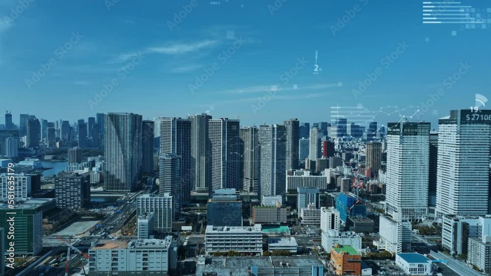 Poster modern city and statistics data concept. management strategy. financial technology. drone point of v