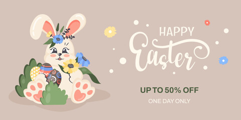 Fototapeta premium Easter sale banner. Cute bunny holding Easter eggs. Vector cartoon illustration for religious holiday, promotion poster, invitation, advertising template. Special offer concept. Vector illustration.
