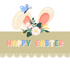 Happy Easter greeting card with colourful text. Cute bunny ears with wildfloral wreath on head, butterfly. Vector cartoon flat illustration for religious holiday, banner, poster