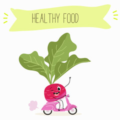 Illustration with funny characters cabbage, brussels, sprouts, radish   Funny and healthy food. Vitamins, cute face food, ingredients, vegetarian, vector cartoon, agriculture, raw.