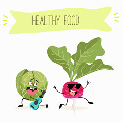 Illustration with funny characters cabbage, brussels, sprouts, radish   Funny and healthy food. Vitamins, cute face food, ingredients, vegetarian, vector cartoon, agriculture, raw.