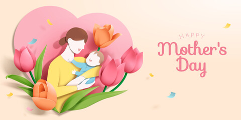 Fototapeta na wymiar Mother's day paper cut style poster