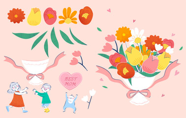Cute kids and flowers element set
