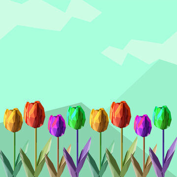 geometric image of a tulip flower against a background of mountains and blue sky