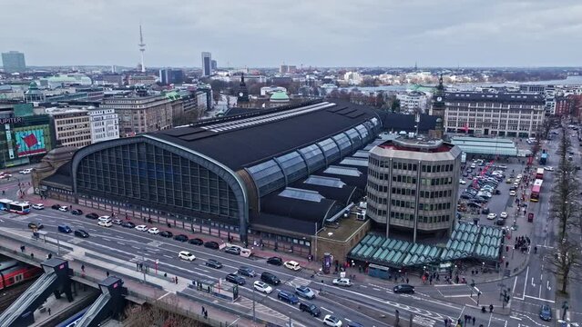 Drone shot revealing Hamburg Hauptbahnhof the main railway station of the city of Hamburg, Germany