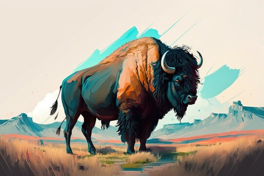 The bison grazed peacefully in the vast expanse of the Great Plains, surrounded by rolling hills and distant mountains. Ink color painting. Generative AI