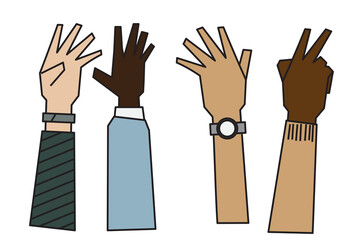 people raising hands that are different Ethnicity, gender, age and skin color
