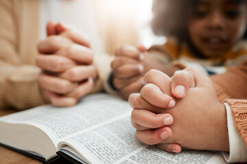 Bible, praying or hands of woman with children siblings for worship, support or hope in Christianity. Kids education, prayer or mother studying, reading book or learning God gospel in religion blur